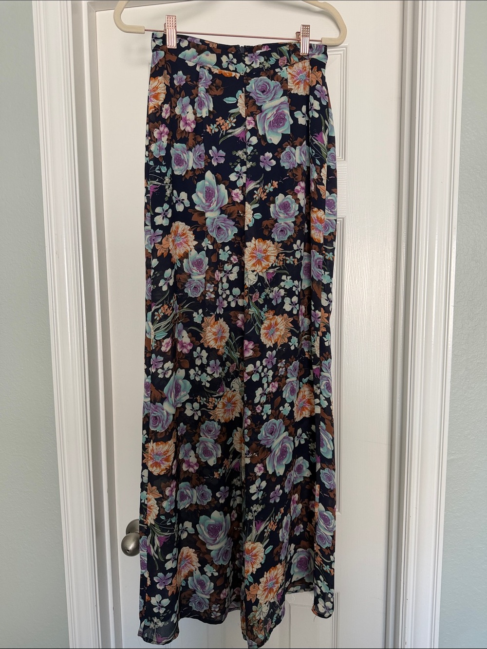 Floral flowy pants - Navy wide leg pants with Lavender & Peach Flowers